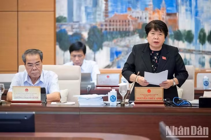 Chủ nhiệm Ủy ban Xã hội của Quốc hội Nguyễn Thúy Anh trình bày báo cáo thẩm tra dự án luật. (Ảnh: DUY LINH)