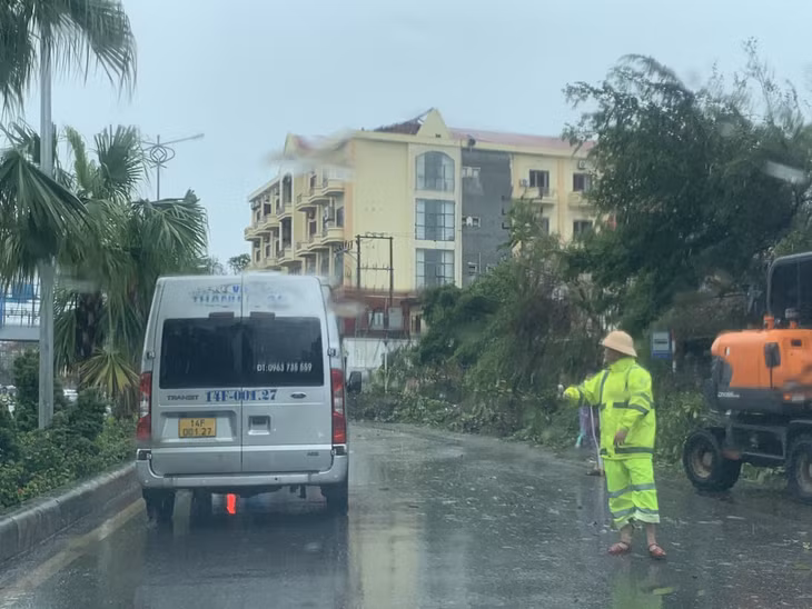 Lực lượng CSGT điều tiết giao thông tại các điểm dọn dẹp cây đổ trên QL18A đoạn đi qua địa bàn TP Hạ Long.