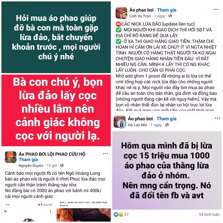 Lướt một vòng trên mạng xã hội, nhiều nhà hảo tâm chia sẻ việc bị lừa đặt cọc khi mua áo phao hỗ trợ người dân vùng lũ, đồng thời đưa ra khuyến cáo cộng đồng nên cẩn trọng hơn khi giao dịch mua áo phao số lượng lớn - Ảnh: Chụp màn hình