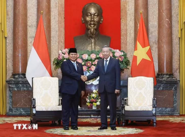Tổng Bí thư, Chủ tịch nước Tô Lâm tiếp Tổng thống đắc cử Cộng hòa Indonesia Prabowo Subianto. (Ảnh: Lâm Khánh/TTXVN)