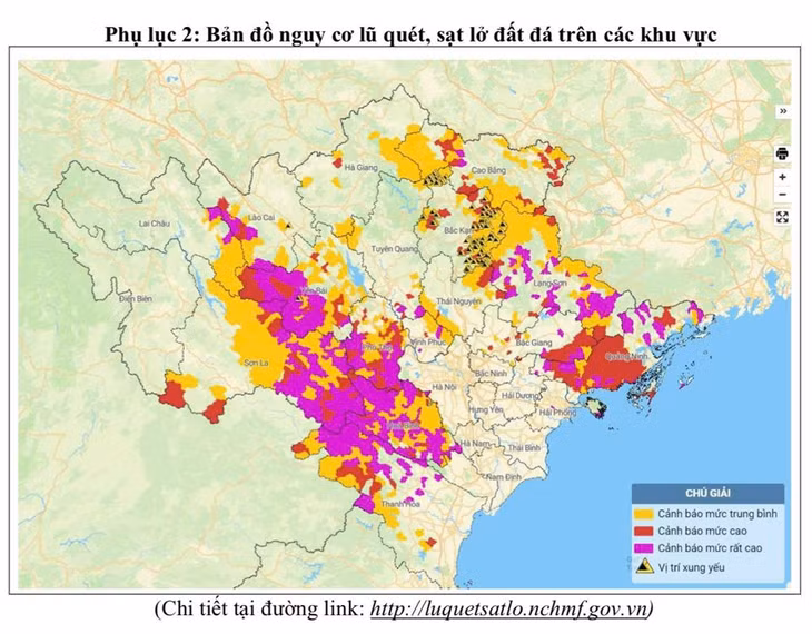 Bản đồ nguy cơ lũ quét, sạt lở đất đá trên khu vực Bắc Bộ. Ảnh: Trung tâm Dự báo khí tượng thủy văn quốc gia.