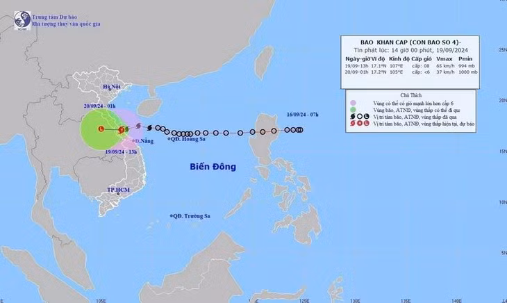 Đường đi của bão số 4 lúc 13 giờ ngày 19/9/2024. (Ảnh: TTXVN phát)