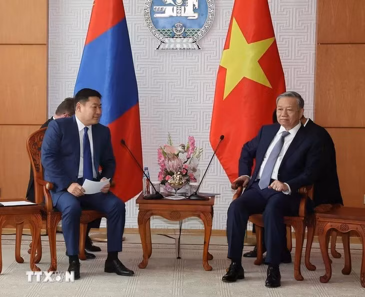 Tổng Bí thư, Chủ tịch nước Tô Lâm hội kiến Thủ tướng Mông Cổ Luvsannamsrain Oyun-Erdene. (Ảnh: Trí Dũng/TTXVN)