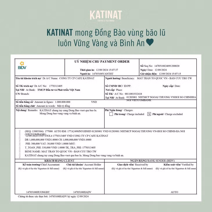 Katinat xin lỗi và đăng tải bản chụp đã chuyển 1 tỉ đồng ủng hộ đồng bào miền Bắc