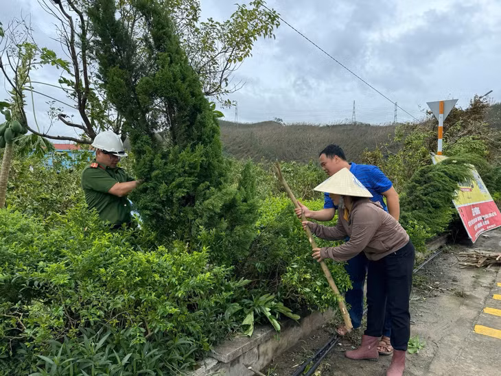 Cán bộ và nhân dân xã Sơn Dương thực hiện nâng đỡ, gia cố các cây xanh trên trục chính đường trung tâm xã bị ảnh hưởng do bão số 3. Ảnh do đơn vị cung cấp