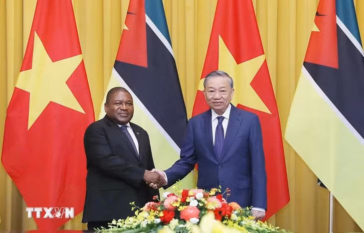 Tổng Bí thư, Chủ tịch nước Tô Lâm và Tổng thống Mozambique Filipe Jacinto Nyusi trước khi tiến hành hội đàm. (Ảnh: Lâm Khánh/ TTXVN)