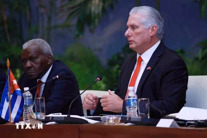 Bí thư thứ nhất Đảng Cộng sản Cuba, Chủ tịch Cuba Miguel Diaz Canel Bermudez phát biểu tại cuộc hội đàm với Tổng Bí thư, Chủ tịch nước Tô Lâm. (Ảnh: Lâm Khánh/TTXVN)
