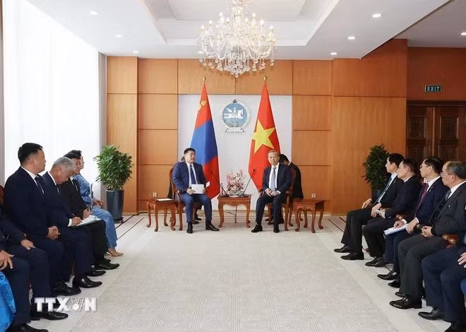 Tổng Bí thư, Chủ tịch nước Tô Lâm hội kiến Thủ tướng Mông Cổ Luvsannamsrain Oyun-Erdene. (Ảnh: Trí Dũng/TTXVN)