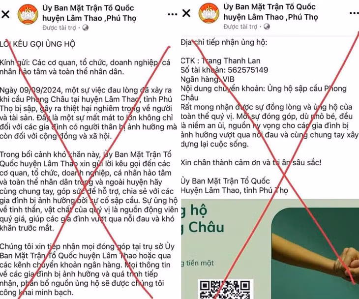 Trang page giả mạo lừa đảo kêu gọi ủng hộ cho các gia đình nạn nhân vụ sập cầu Phong Châu