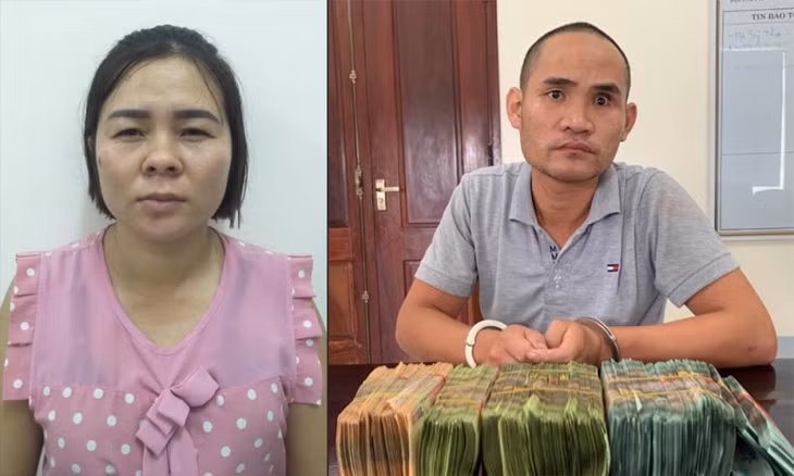 Hai vợ chồng Chinh và Thủy cùng tang vật.