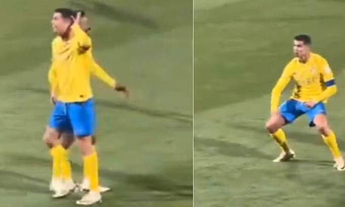 Ronaldo phản ứng khán giả sau trận thắng của Al Nassr trên sân Al Shabab, thành phố Riyadh, Arab Saudi, vòng 21 Pro League tối 25/2/2024. Ảnh: chụp màn hình