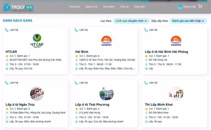 Tại website TROLYoto.com danh sách Gara bán ắc quy chính hãng được hiển thị rõ ràng, đầy đủ thông tin