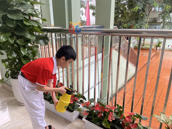 Học sinh Trường Tiểu học Hạ Long (phường Hồng Gai) chăm sóc vườn hoa, xây dựng khuôn viên trường xanh, sạch, đẹp.