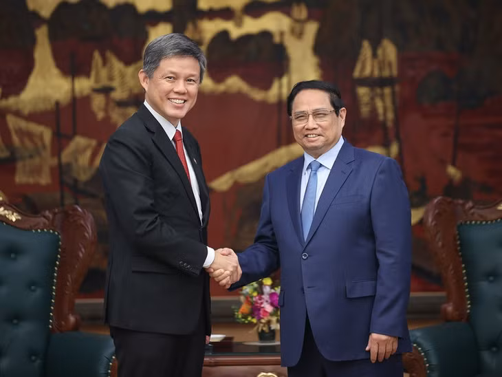 Thủ tướng Chính phủ Phạm Minh Chính tiếp ông Chan Chun Sing, Phó Tổng Thư ký Đảng Hành động Nhân dân (PAP), Bộ trưởng Điều phối Dịch vụ công, Bộ trưởng Quốc phòng Singapore - Ảnh: VGP/Nhật Bắc
