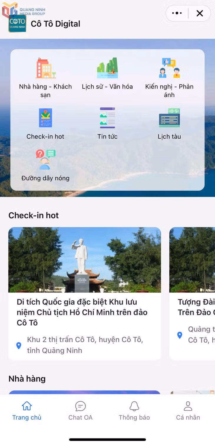 Giao diện trực quan, dễ dàng tương tác của ứng dụng “Cô Tô Digital” trên Zalo.