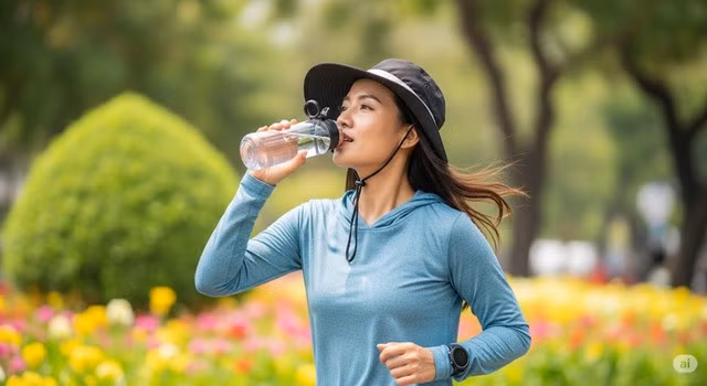 Đội mũ, mặc đồ thoáng và uống nước thường xuyên là các biện pháp quan trọng khi vận động ngoài trời mùa hè.