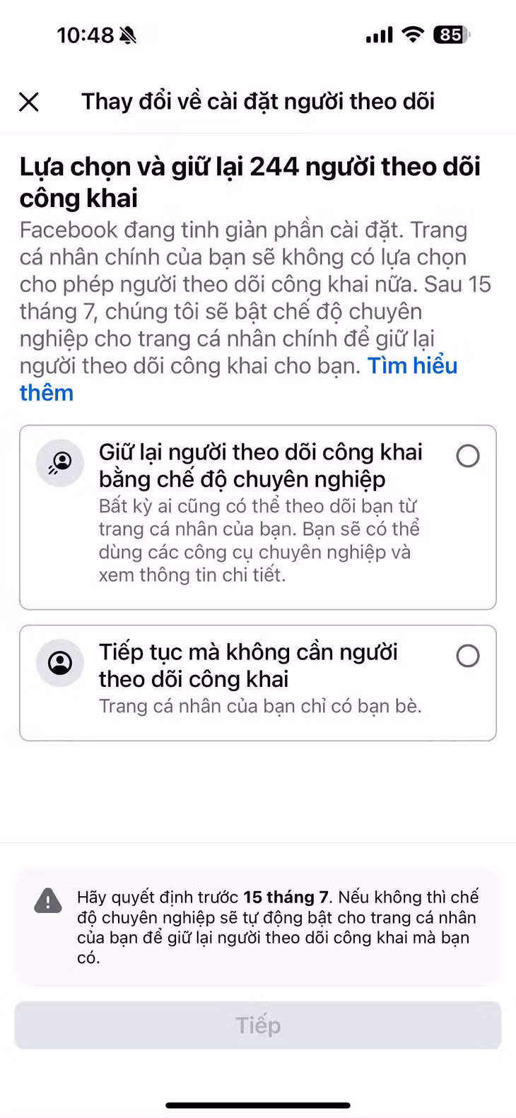 Facebook gửi thông báo thay đổi cài đặt người theo dõi công khai. Ảnh chụp màn hình.