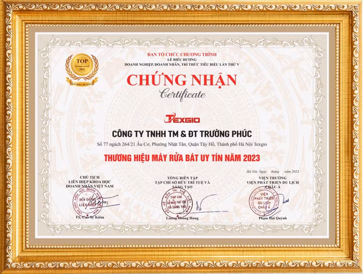 Chứng nhận máy rửa bát công nghiệp Texgio thương hiệu uy tín 2023.