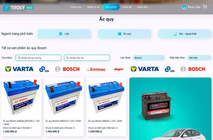Hệ thống tìm kiếm và hiển thị ắc quy chính hãng trên nền tảng TROLYoto.com