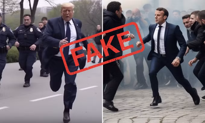 Ảnh giả mạo bằng AI về cựu tổng thống Mỹ Trump và Tổng thống Pháp Emmanuel Macron, Ảnh: Christine Vanden Byllaardt/Bloomberg