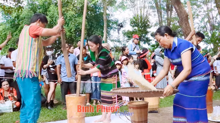 Hội thi giã gạo, tái hiện hình ảnh giã gạo nuôi quân của đồng bào S’tiêng sóc Bom Bo trong những năm kháng chiến chống Mỹ cứu nước - Ảnh: Trương Hiện