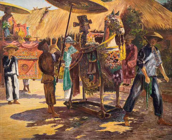 Bức Procession au Tonkin (Đám rước ở Bắc Kỳ) của René Bassouls có giá 100.800 USD (335 triệu đồng). Tác phẩm sơn dầu trên vải ra đời năm 1927, kích thước 80x100 cm.