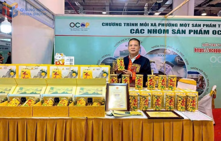 Ông Nịnh Văn Trắng, Giám đốc Công ty CP Kinh doanh Lâm sản Đạp Thanh, giới thiệu sản phẩm trà hoa vàng Ba Chẽ tại hội chợ OCOP tỉnh.