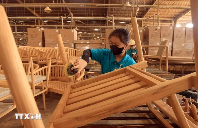 Sản xuất ghế xuất khẩu tại Công ty Sản xuất đồ gỗ Hiệp Long, tỉnh Bình Dương. (Ảnh: Tuấn Anh/TTXVN)