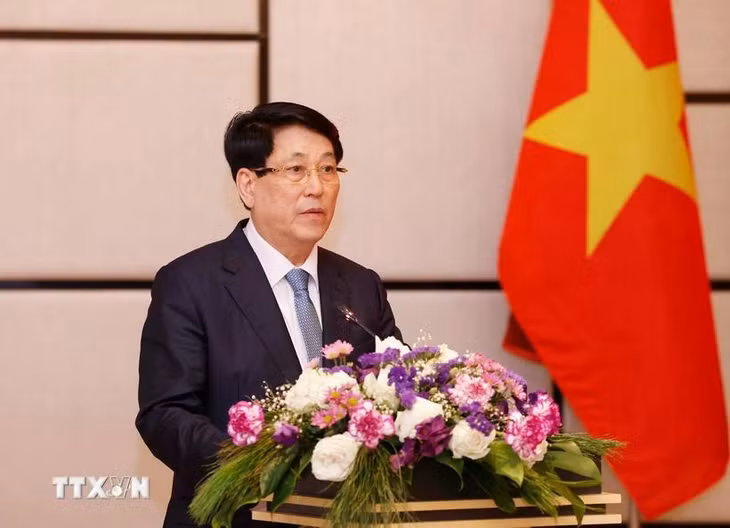 Chủ tịch nước Lương Cường phát biểu tại buổi gặp cộng đồng người Việt Nam tại Lào. (Ảnh: Lâm Khánh/TTXVN)