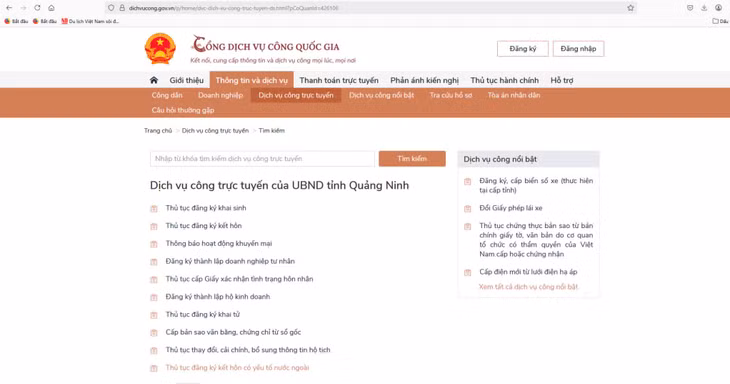 Dịch vụ công trực tuyến của UBND tỉnh Quảng Ninh trên Cổng dịch vụ công quốc gia.