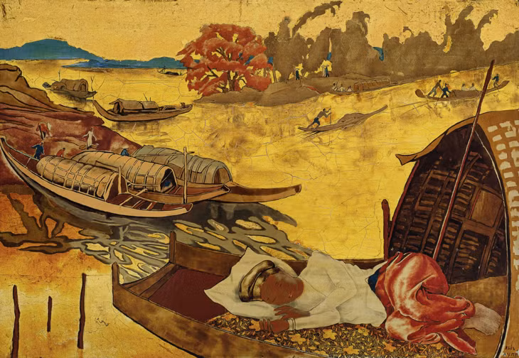 Alix Aymé khắc họa cảnh sông nước qua tác phẩm La jeune femme et le fleuve (Cô gái trẻ và dòng sông). Trên chiếc thuyền neo đậu bến sông có một thiếu nữ đang tranh thủ nghỉ ngơi, xung quanh người dân tấp nập di chuyển, làm việc. Bức vẽ đạt 504.000 HKD (1,6 tỷ đồng), được danh họa thực hiện vào những năm 1940 bằng sơn mài trên tấm gỗ, kích thước 38,5x56 cm.