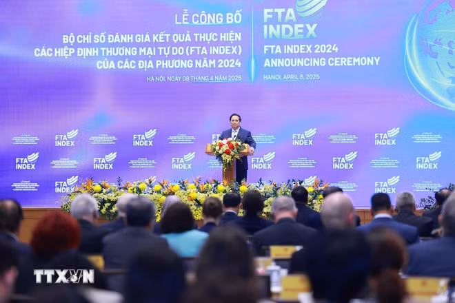 Thủ tướng Phạm Minh Chính phát biểu tại Lễ công bố Bộ chỉ số đánh giá kết quả thực hiện các hiệp định thương mại tự do (FTA INDEX) của các địa phương năm 2024. (Ảnh: Dương Giang/TTXVN)