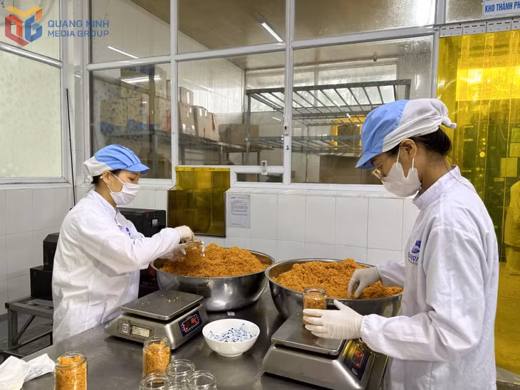 Đóng gói sản phẩm ruốc hàu phục vụ người dân dịp Tết Nguyên đán Ất Tỵ 2025 tại Công ty TNHH Sản xuất và Thương mại thủy sản Quảng Ninh (huyện Vân Đồn). Ảnh: Cao Quỳnh