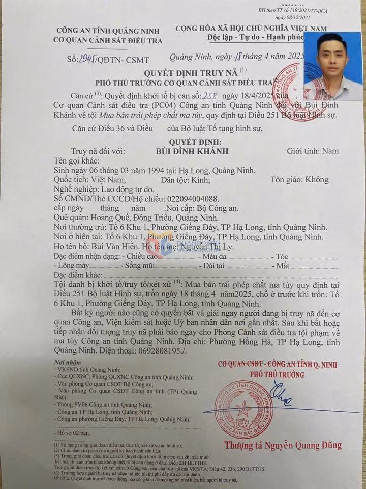 Quyết định truy nã đối tượng Bùi Đình Khánh.