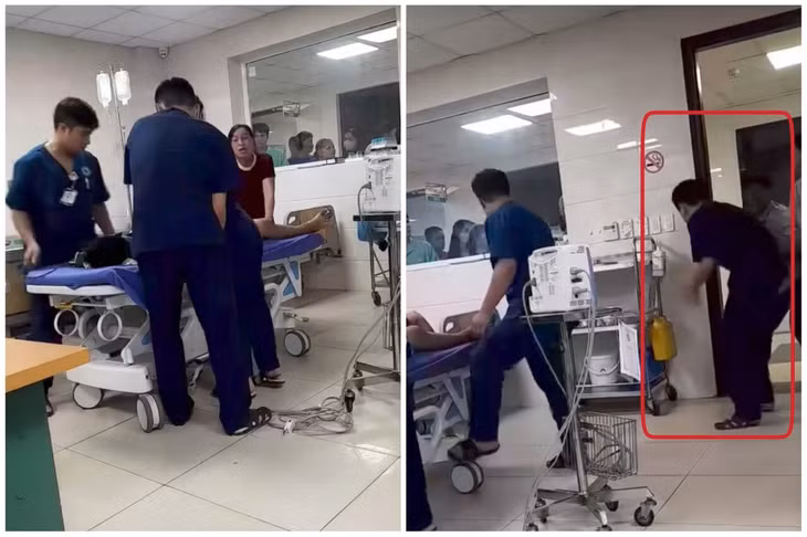 Nam điều dưỡng bị đá vào bụng khi đang cấp cứu người bệnh. Ảnh cắt từ clip.