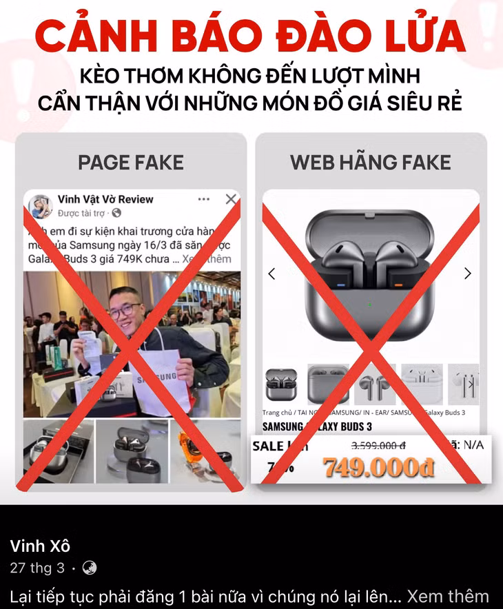 Vinh Vật Vờ cảnh báo người dùng về việc mình bị lập fanpage giả mạo để bán hàng "nhái". Ảnh: FBNV