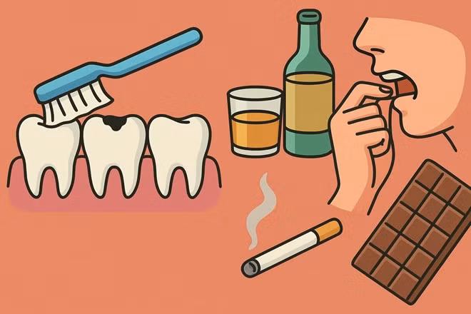 6 thói quen gây hại cho răng miệng. Ảnh đồ họa: Hoàng Lộc