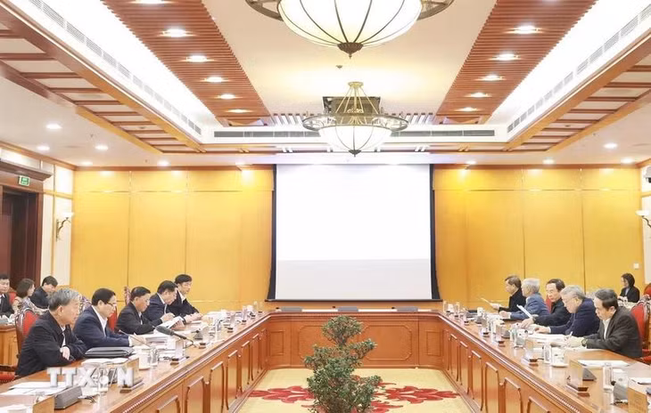 Quang cảnh cuộc họp do Tổng Bí thư Tô Lâm chủ trì cho ý kiến hoàn thiện Chuyên đề về đột phá phát triển khoa học, công nghệ. (Ảnh: Thống Nhất/TTXVN)