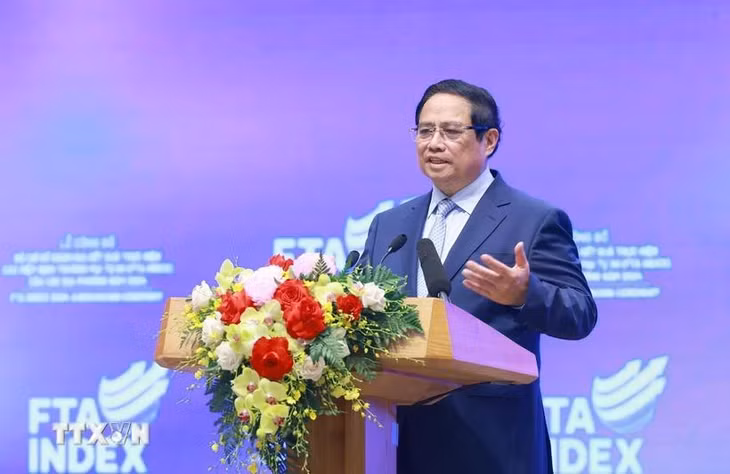 Thủ tướng Phạm Minh Chính phát biểu tại Lễ công bố Bộ chỉ số đánh giá kết quả thực hiện các hiệp định thương mại tự do (FTA INDEX) của các địa phương năm 2024. (Ảnh: Dương Giang/TTXVN)