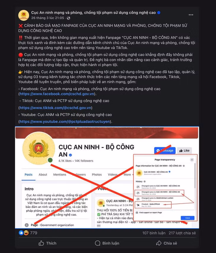 Bài đăng cảnh báo giả mạo của Cục An ninh.