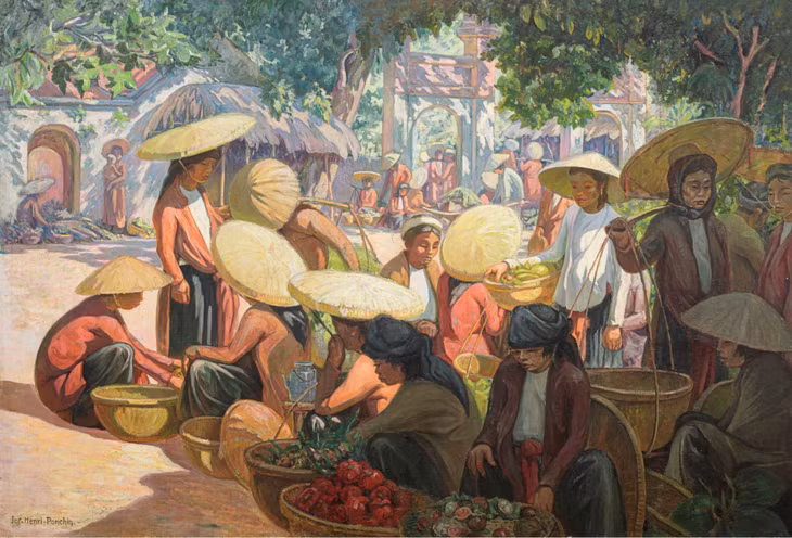 Một góc chợ tại nông thôn miền Bắc ở bức March é au Tonkin (Chợ ở Bắc Kỳ) có giá 3,52 triệu HKD (11,7 tỷ đồng). Bức họa được Jos Henri Ponchin sáng tác năm 1930, kích thước 200x294 cm, chất liệu sơn dầu trên vải, sử dụng nhiều gam màu sáng, tạo khung cảnh nhộn nhịp.