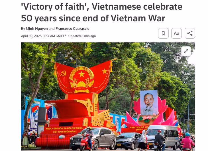Tiêu đề bài viết về lễ kỷ niệm Lễ kỷ niệm 50 năm Ngày giải phóng miền Nam của hãng tin Reuters ngày 30/4/2025. Ảnh chụp màn hình