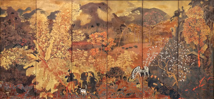 Tác phẩm Phong cảnh (1939) được Nguyễn Gia Trí áp dụng nguyên tắc cấu trúc tranh vẽ phương Tây, kết hợp lối khắc in truyền thống và phương thức sơn mài mới. Ảnh: Bảo tàng Nghệ thuật Quang San