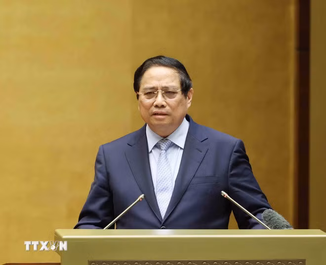 Thủ tướng Phạm Minh Chính trình bày Chuyên đề tại hội nghị. (Ảnh: Phương Hoa/TTXVN)