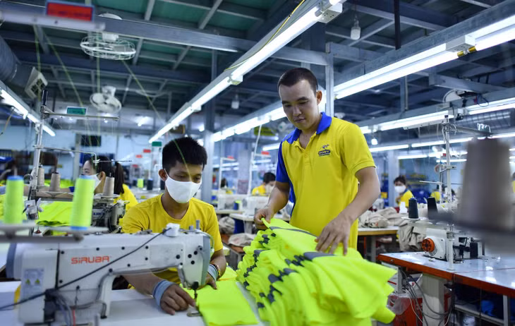 Ông Phạm Quang Anh, Tổng Giám đốc Công ty cổ phần Quốc tế Dony (bìa phải) kiểm tra các mẫu áo của công ty phục vụ thị trường xuất khẩu.