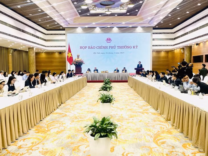 Buổi họp báo Chính phủ thường kỳ tháng 3/2025 diễn ra chiều 6/4 tại Hà Nội - Ảnh: VGP/Quang Thương