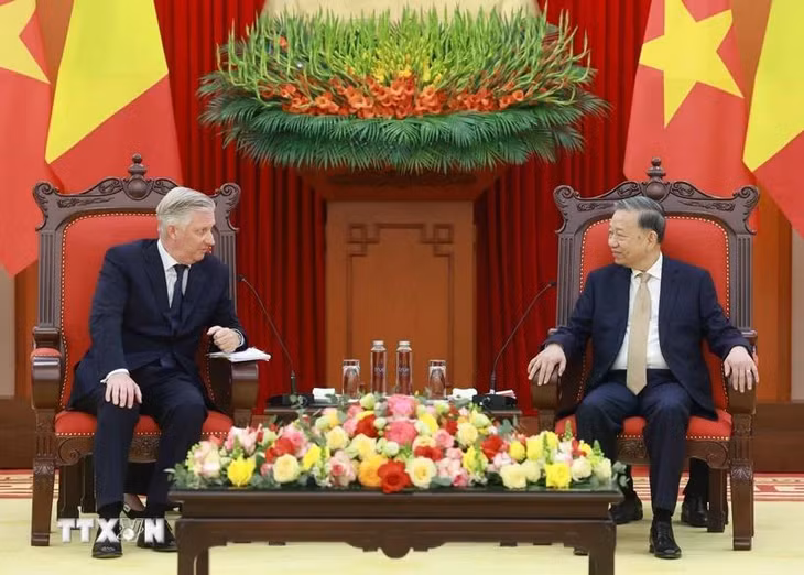 Tổng Bí thư Tô Lâm hội kiến Nhà Vua Bỉ Philippe. (Ảnh: Thống Nhất/TTXVN)