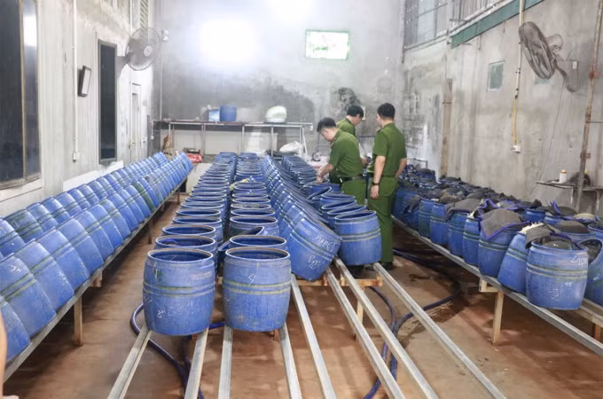 Thùng chứa giá đỗ ngâm hóa chất được thu tại một cơ sở ở TP Vinh. Ảnh: Công an cung cấp