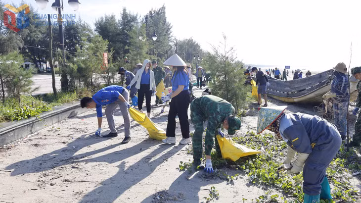 Đông đảo lực lượng tham gia dọn vệ sinh bãi biển Trà Cổ.