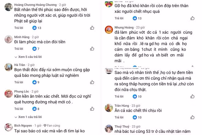 Người dùng mạng xã hội bình luận bày tỏ bức xúc với câu chuyện 50 triệu đồng "chuộc thi thể" người nhà trên sông Hồng. Ảnh: Facebook.